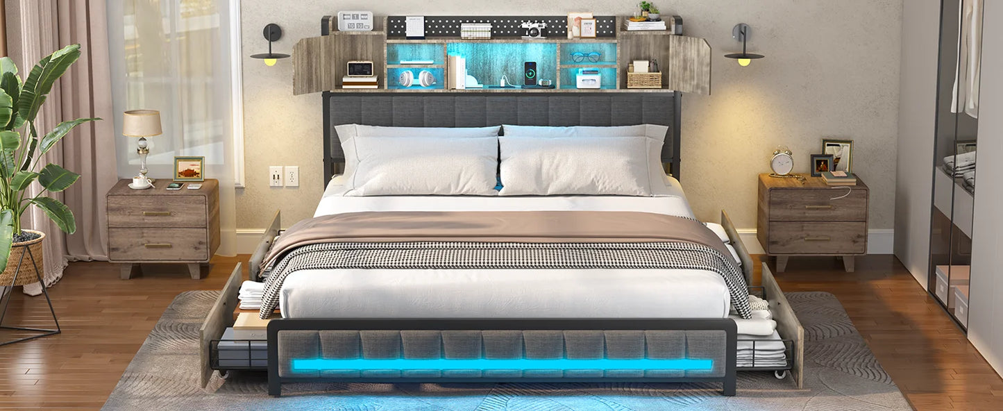 Bed Frame, with 4 Storage Drawers and Bookcase Headboard