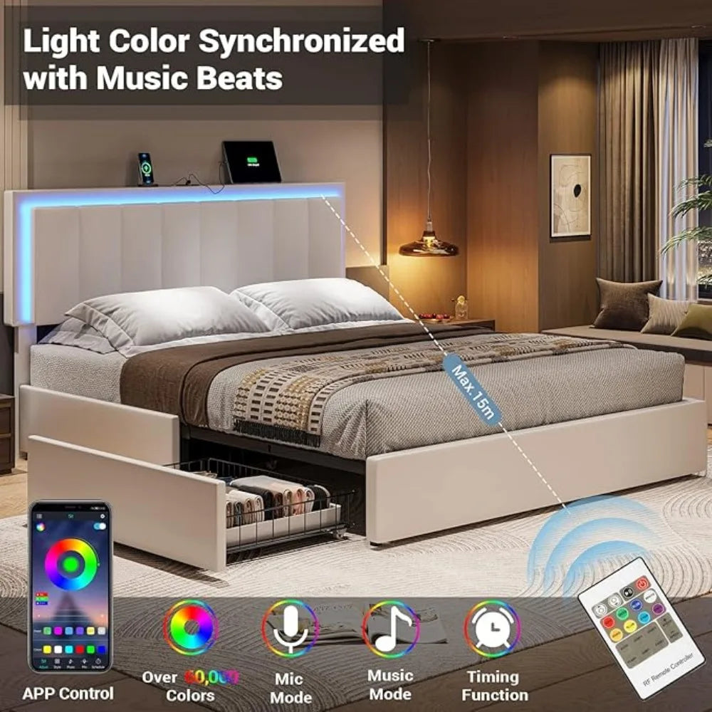 Leather Upholstered Bed Frame with 4 Storage Drawers LED Platform Bed and Charging Station