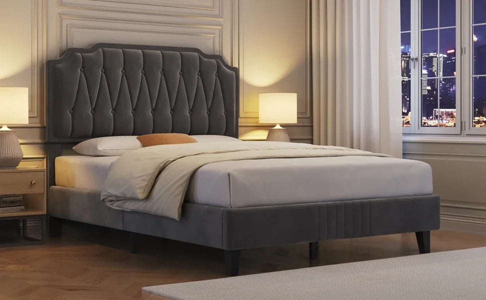Velvet Upholstered Platform Bed with Curved Height-Adjustable Headboard