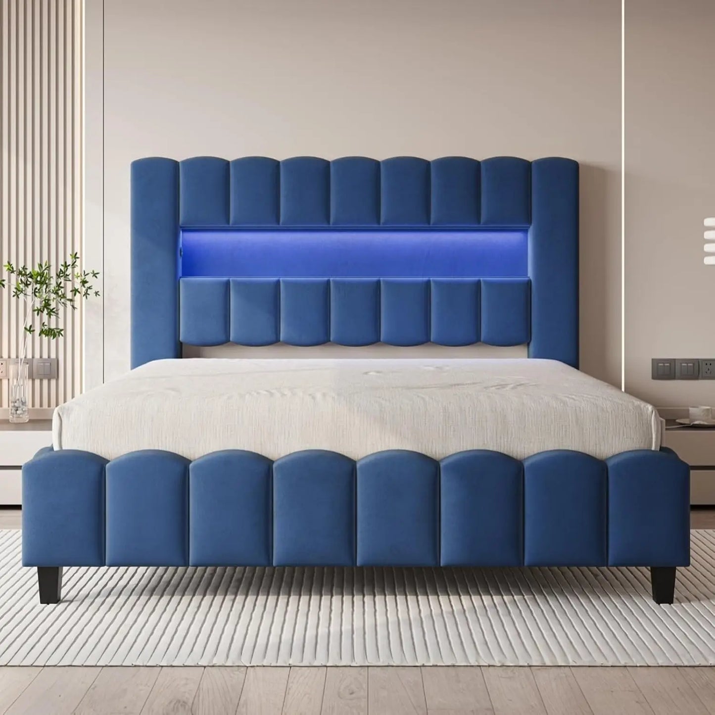 Velvet Upholstered Platform Bed Frame with Charging Station and Storage Headboard