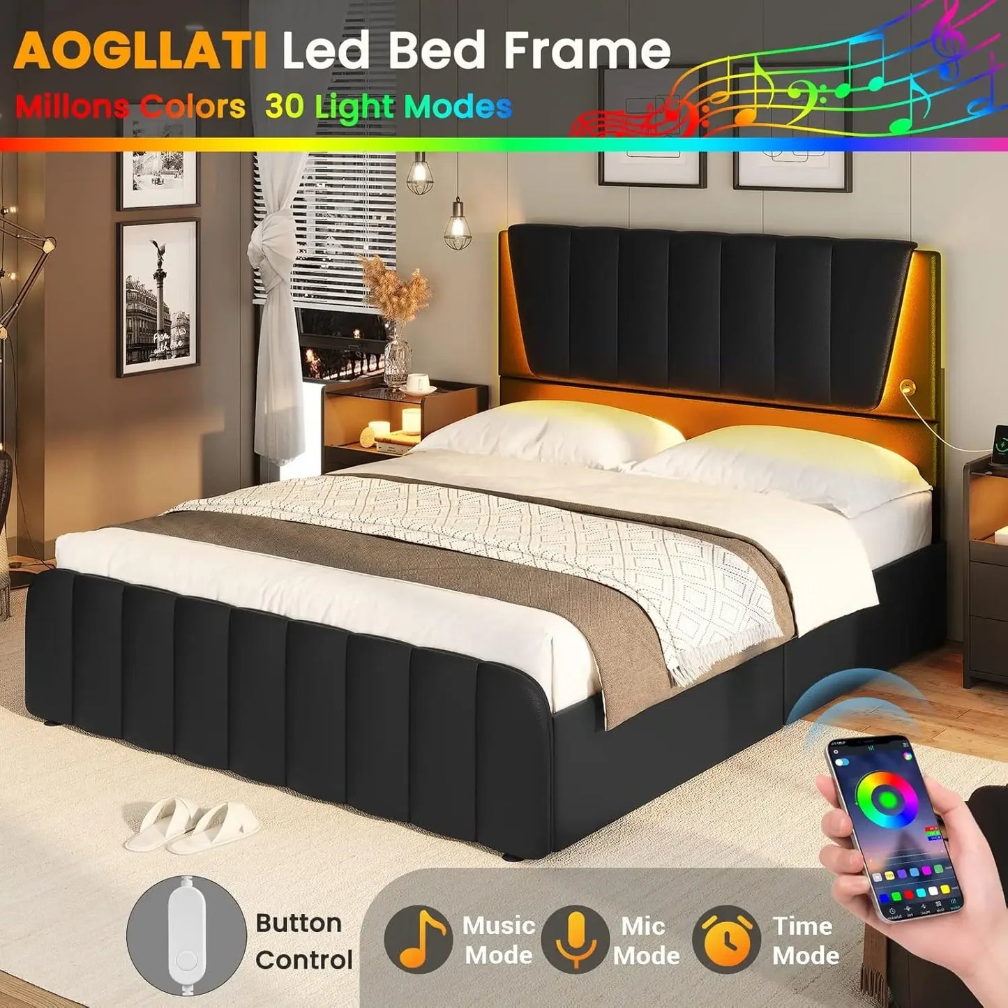 Bed Frame with 4 Storage Drawers, Led Lights & 2 USB Ports
