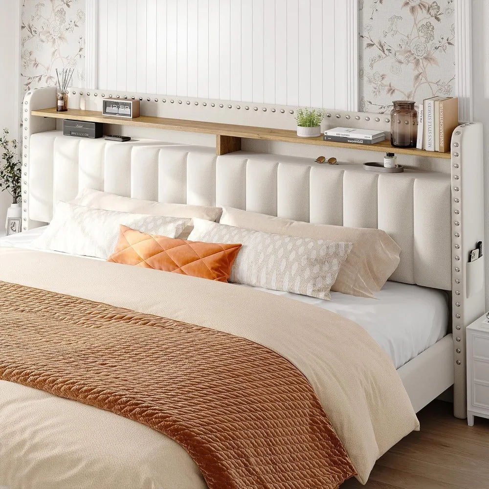 Cushion upholstered Bed Frame with 2 Drawer Storage