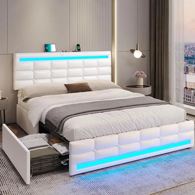 Bed Frame with Drawers & LED Lights Headboard Footboard