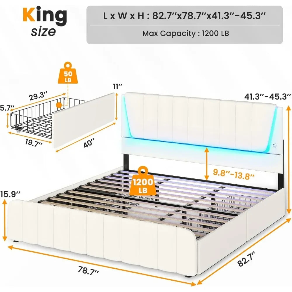Bed Frame with 4 Storage Drawers, Led Lights & 2 USB Ports