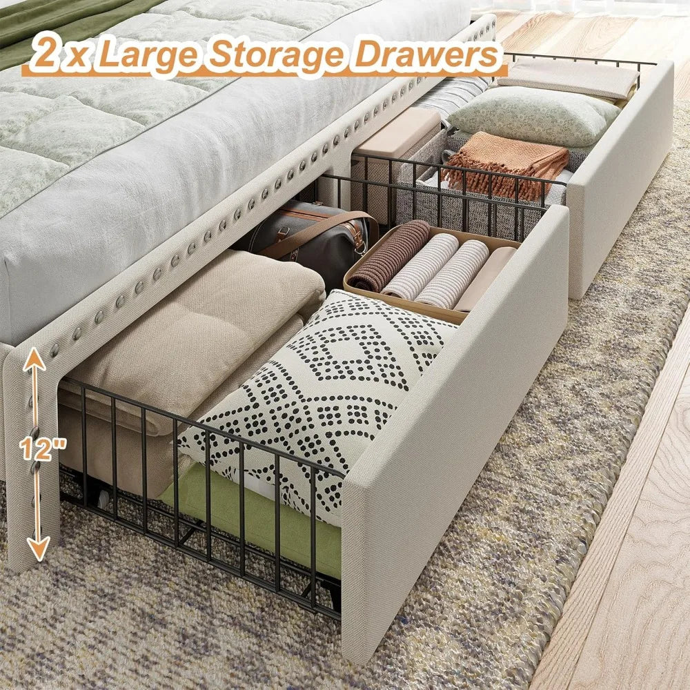 Cushion upholstered Bed Frame with 2 Drawer Storage