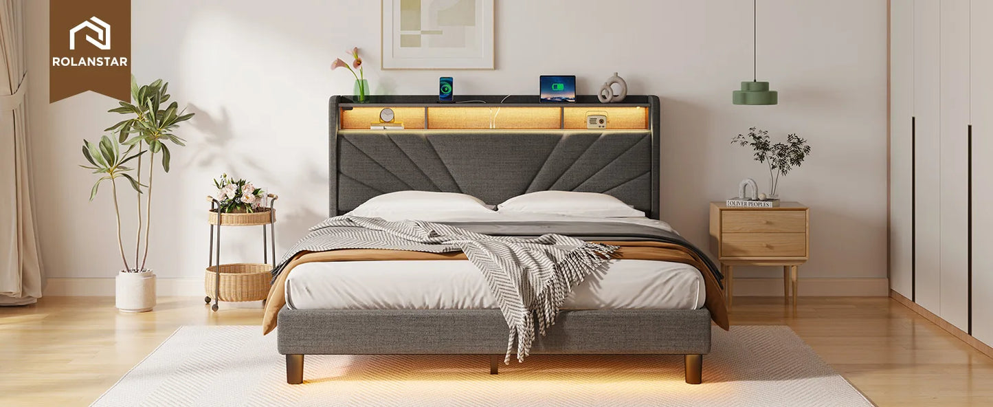 Bedframe with Storage Headboard and Upholstered with Heavy Duty Wood Slats
