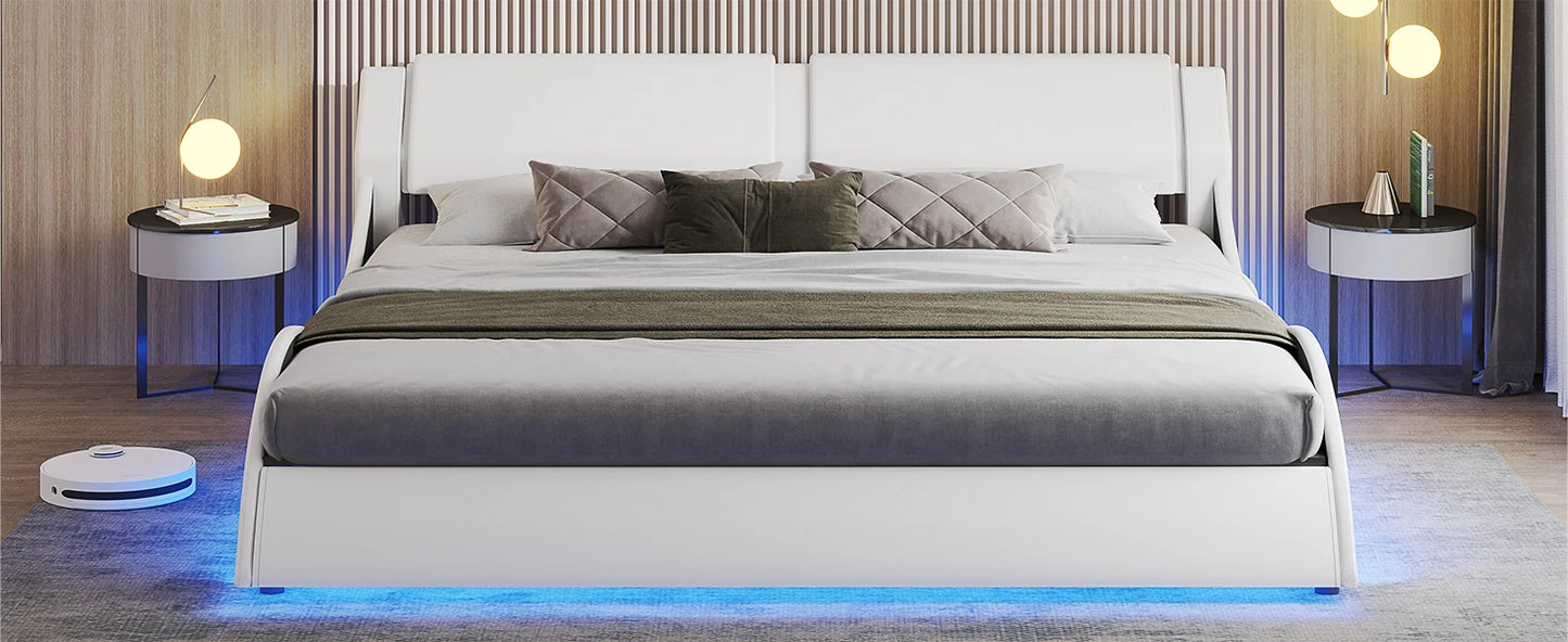 Bed Frame with Led Lights, USB Ports and Adjustable Headboard