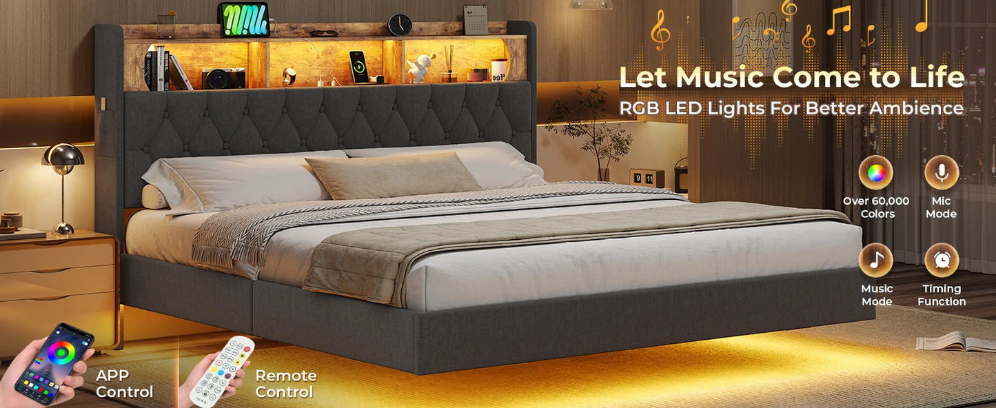 Floating Bedframe with extra Storage and Charging Station