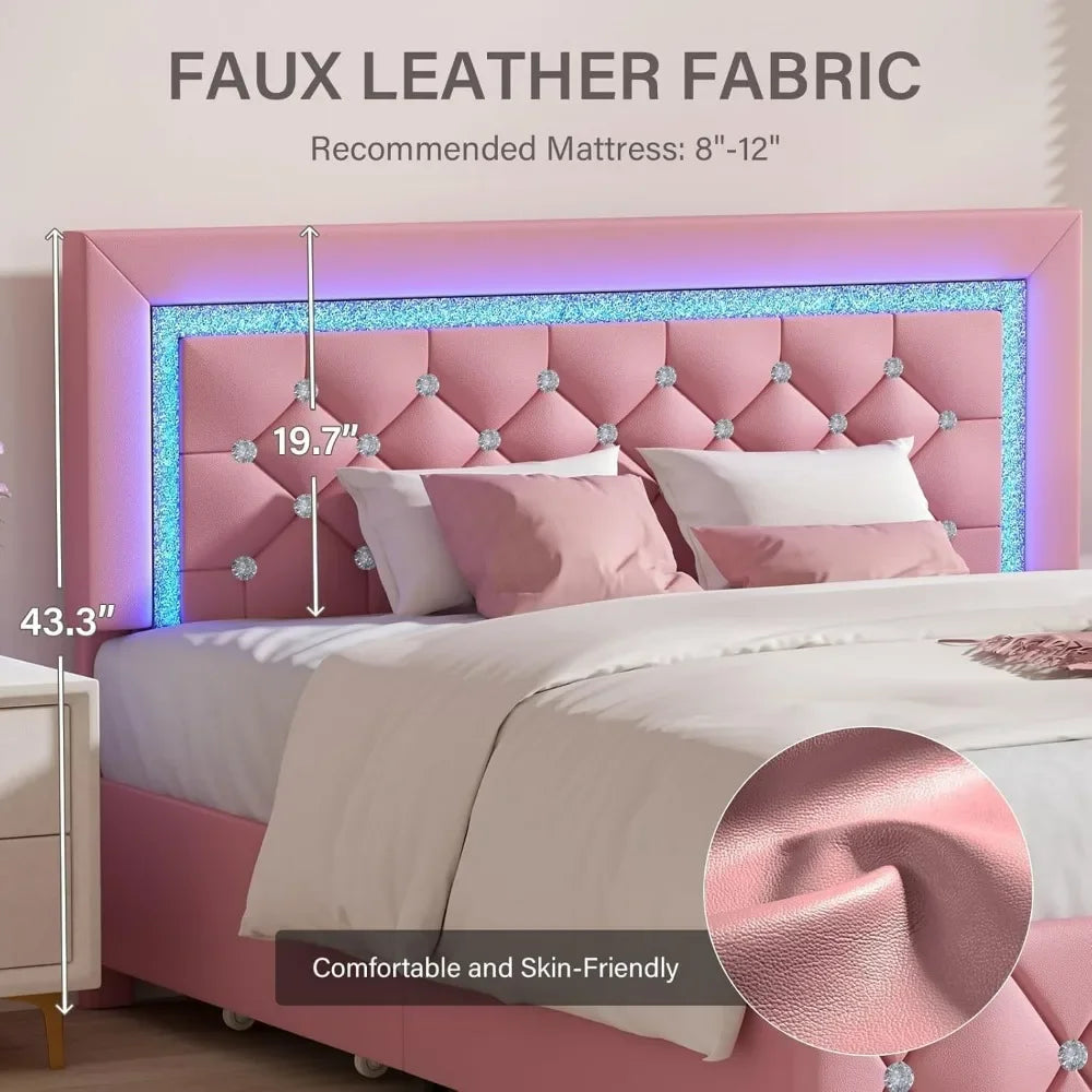 Princess style Bed Frame with Diamond Headboard and Storage