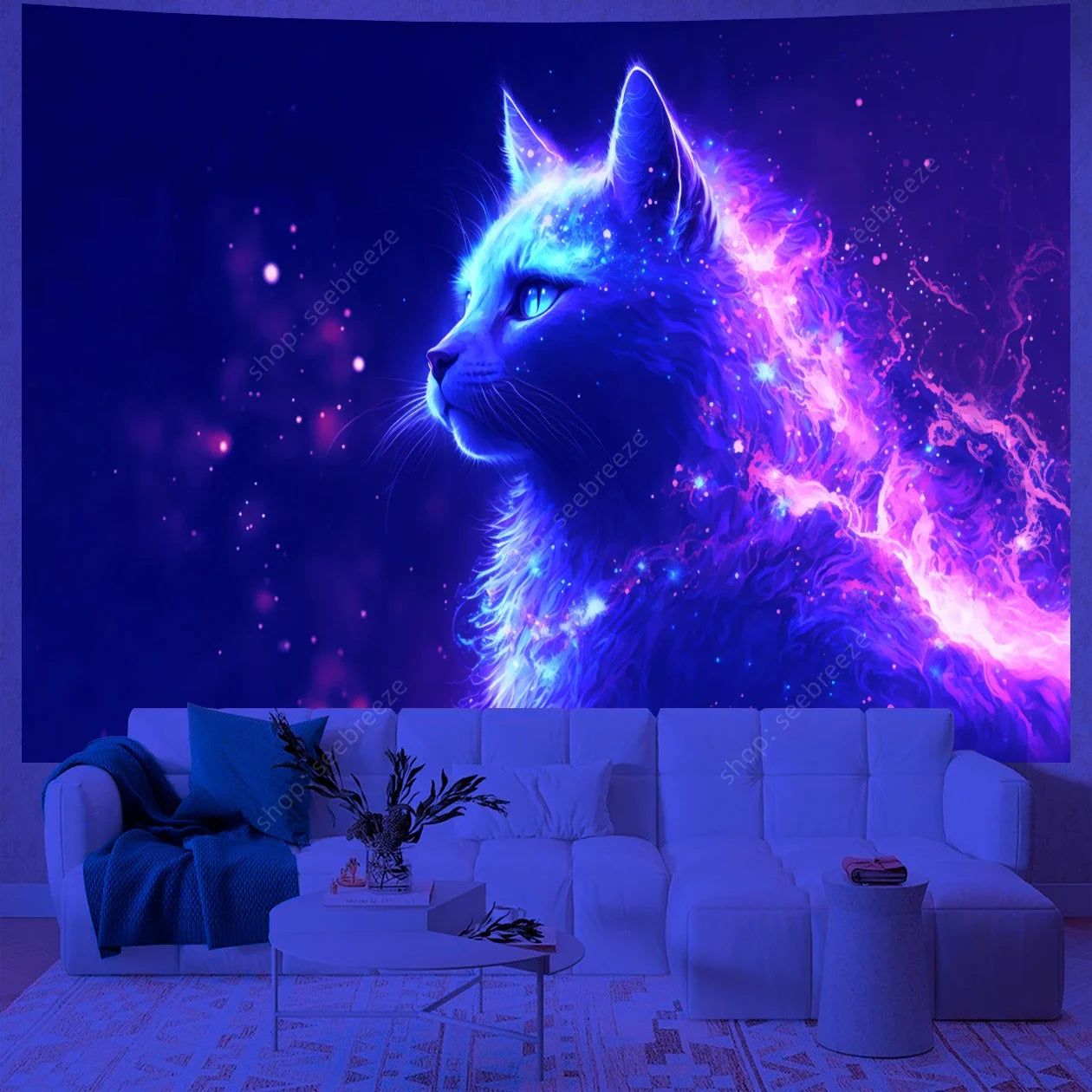 Psychedelic Cute Cat UV Reactive tapestry