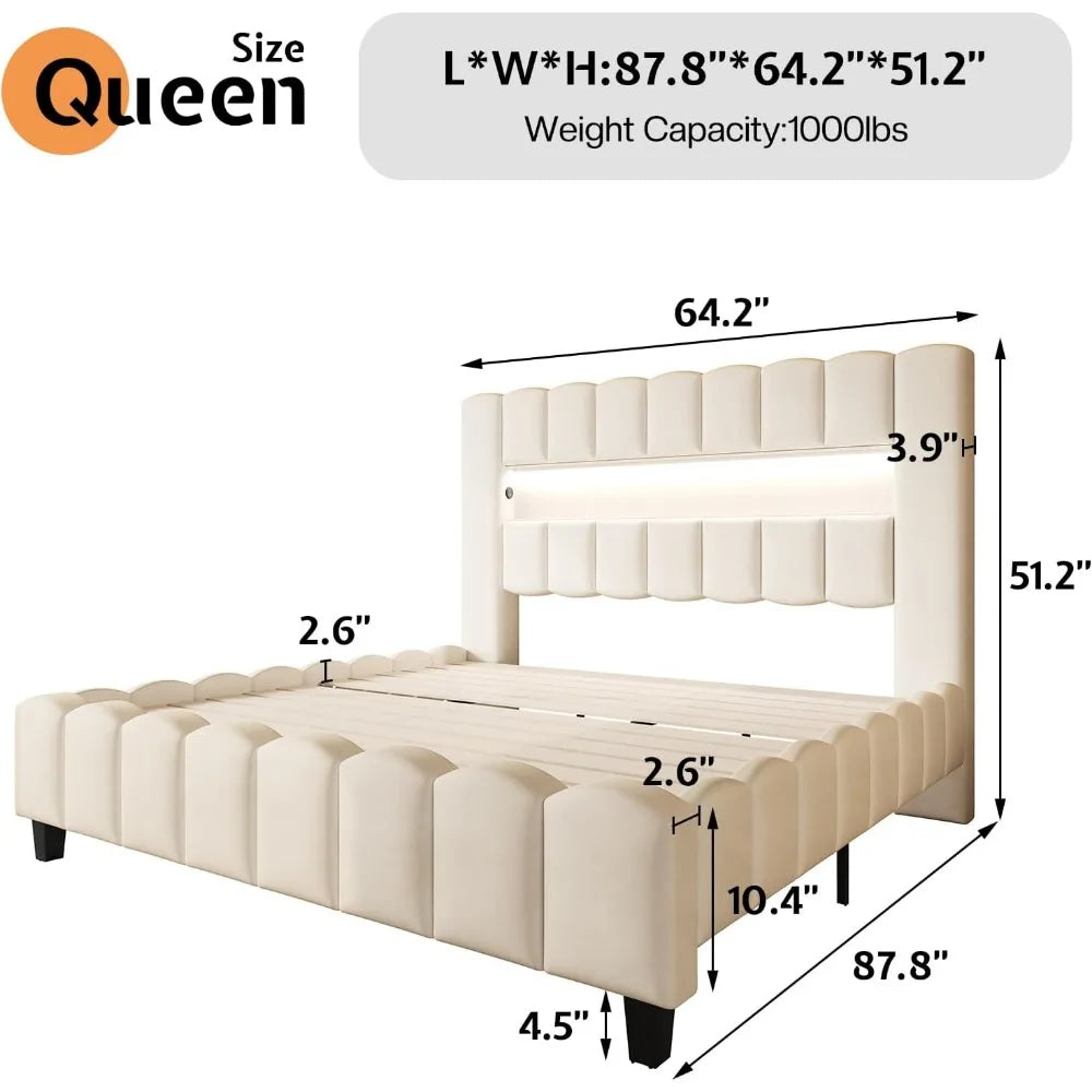 Velvet Upholstered Platform Bed Frame with Charging Station and Storage Headboard