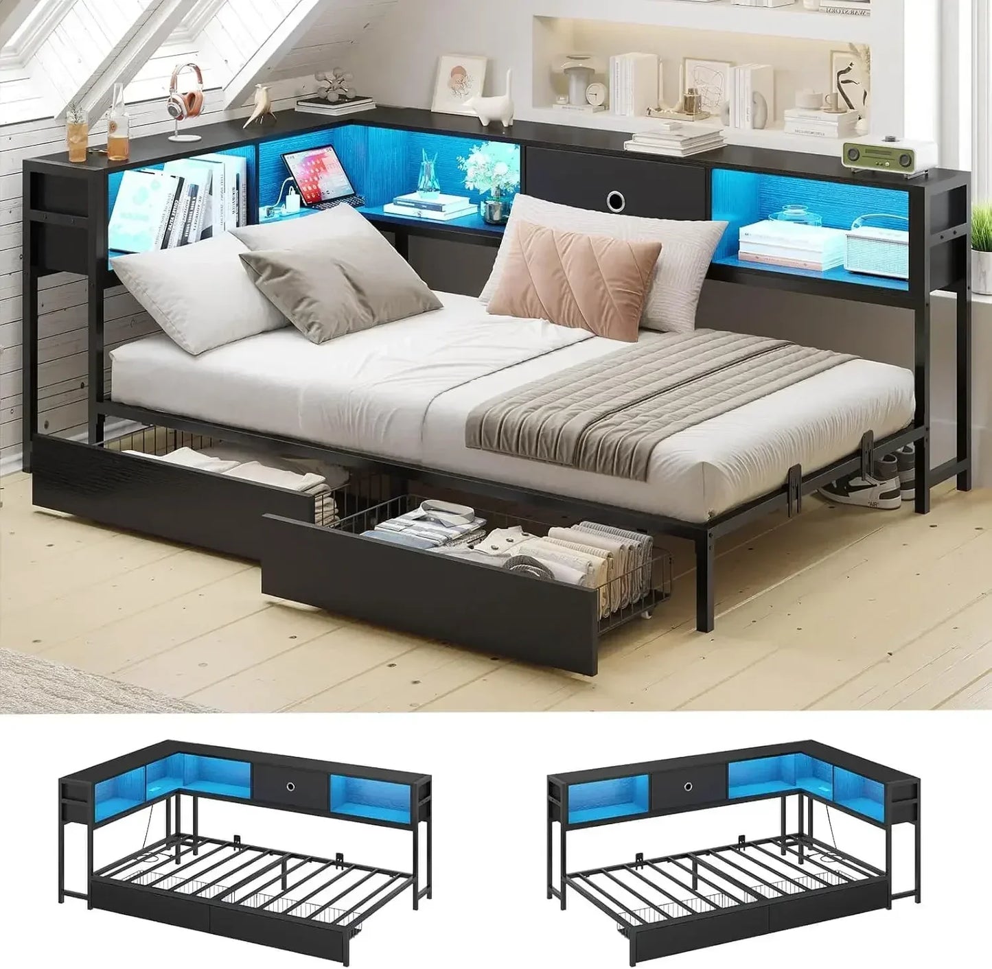 Corner Bed Frame with Bookcase and 2 Underbed Storage Drawers