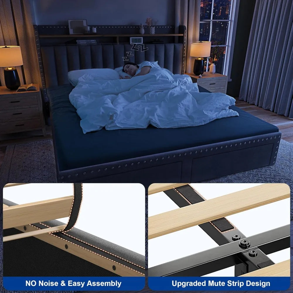 Cushion upholstered Bed Frame with 2 Drawer Storage