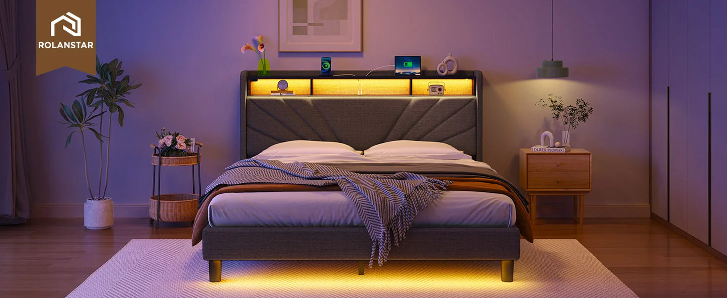 Bedframe with Storage Headboard and Upholstered with Heavy Duty Wood Slats