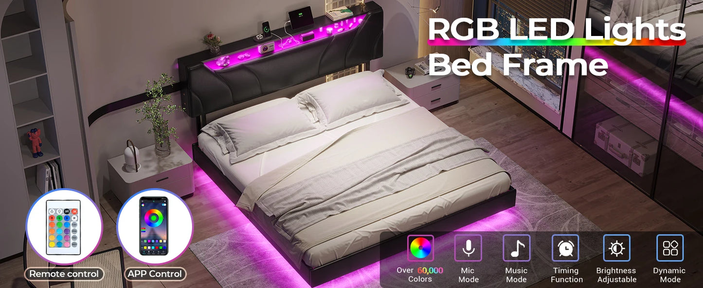 Floating LED bedframe with Storage and Charging Station