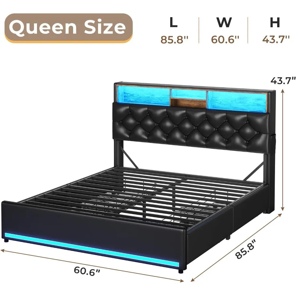 Bed Frame with 3-Tier Headboard & Hidden Storage