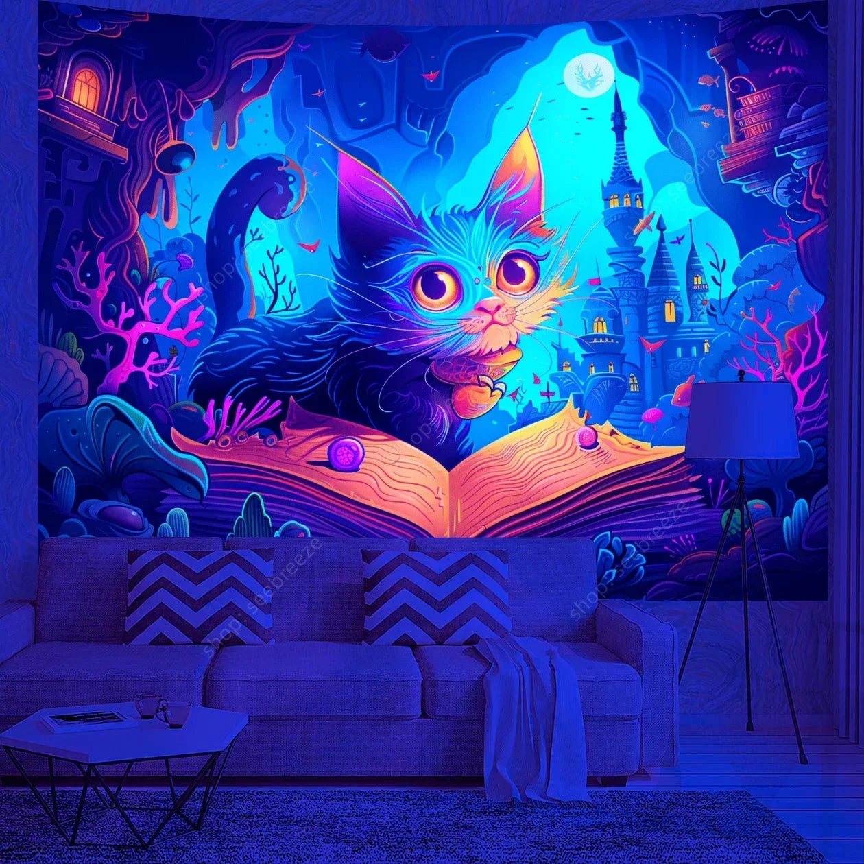 Psychedelic Cute Cat UV Reactive tapestry
