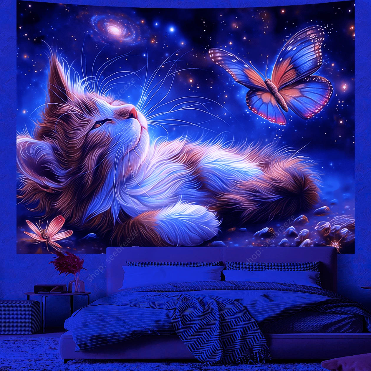 Psychedelic Cute Cat UV Reactive tapestry