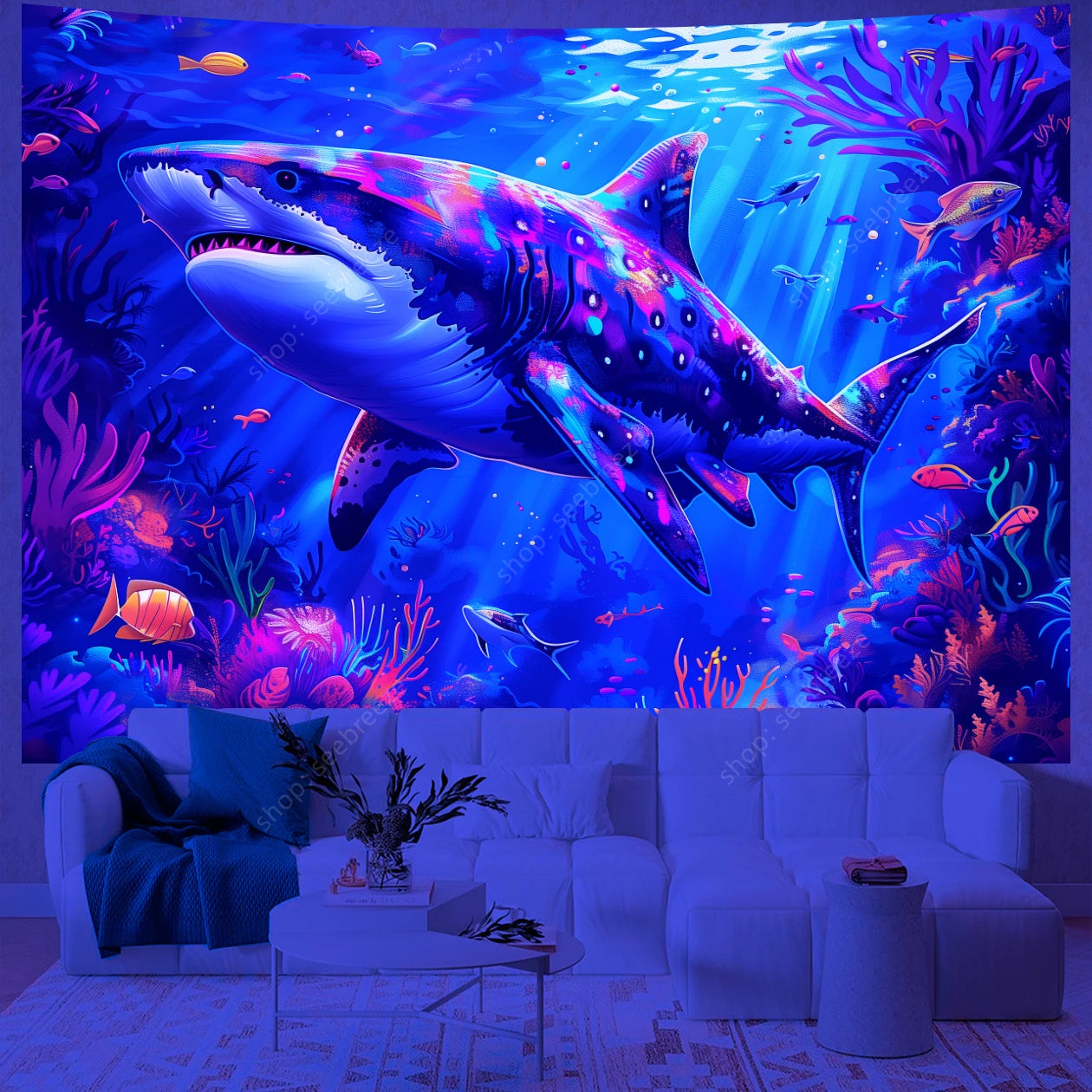 Psychedelic Shark UV Reactive tapestry