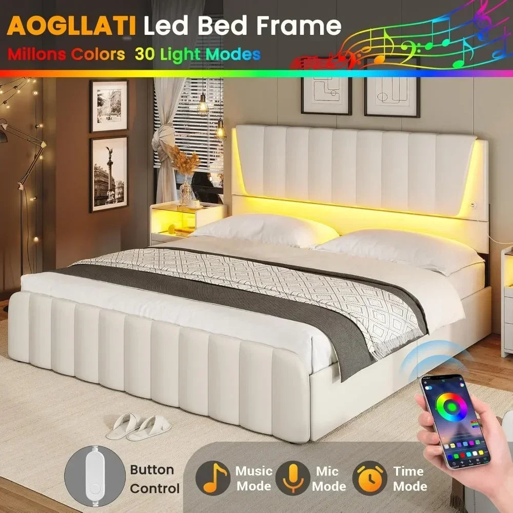 Bed Frame with 4 Storage Drawers, Led Lights & 2 USB Ports