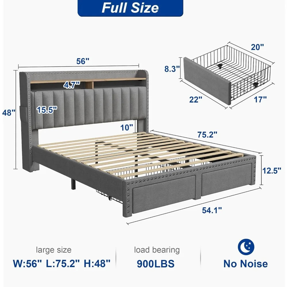 Cushion upholstered Bed Frame with 2 Drawer Storage