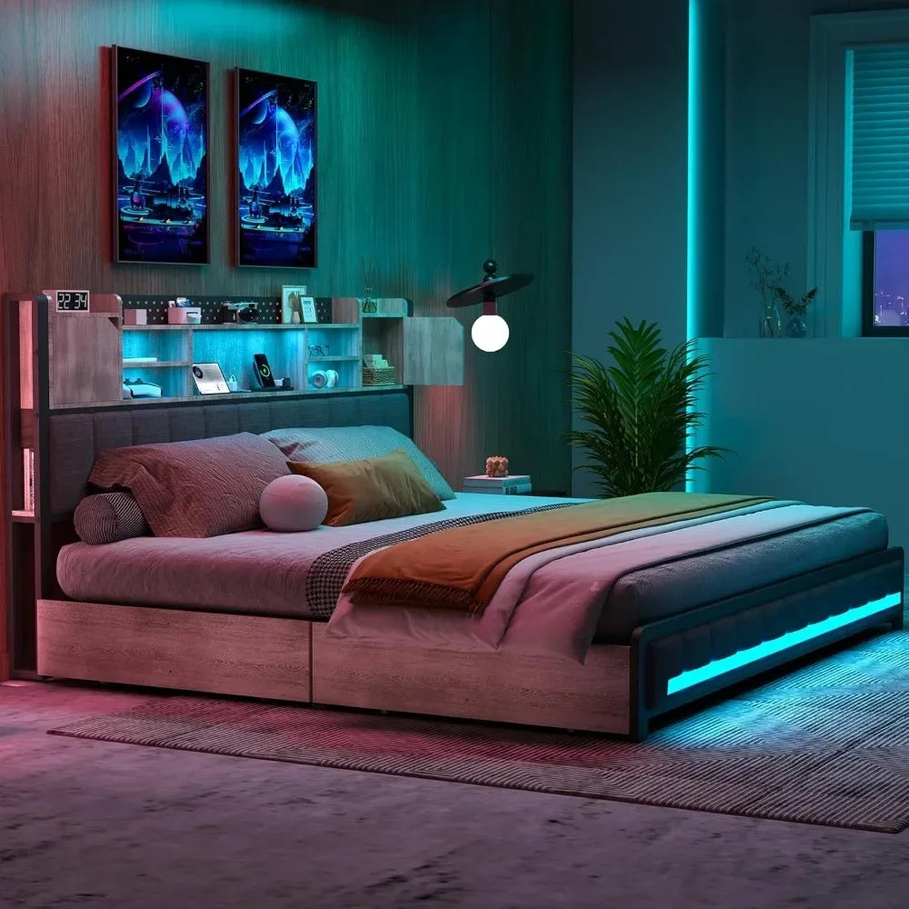 Bed Frame, with 4 Storage Drawers and Bookcase Headboard