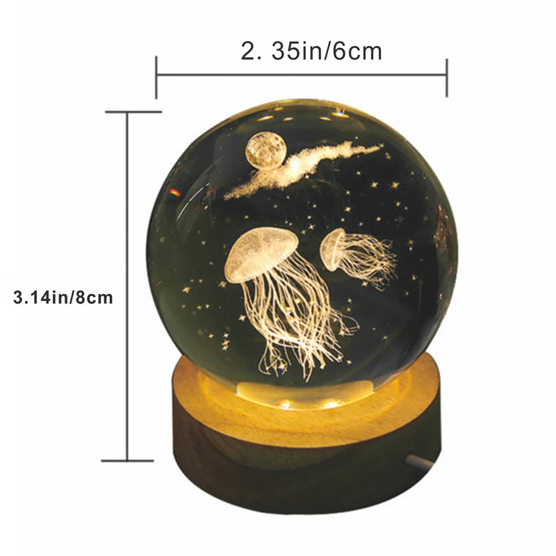 3D Jellyfish Laser engraved crystal ball LED night light