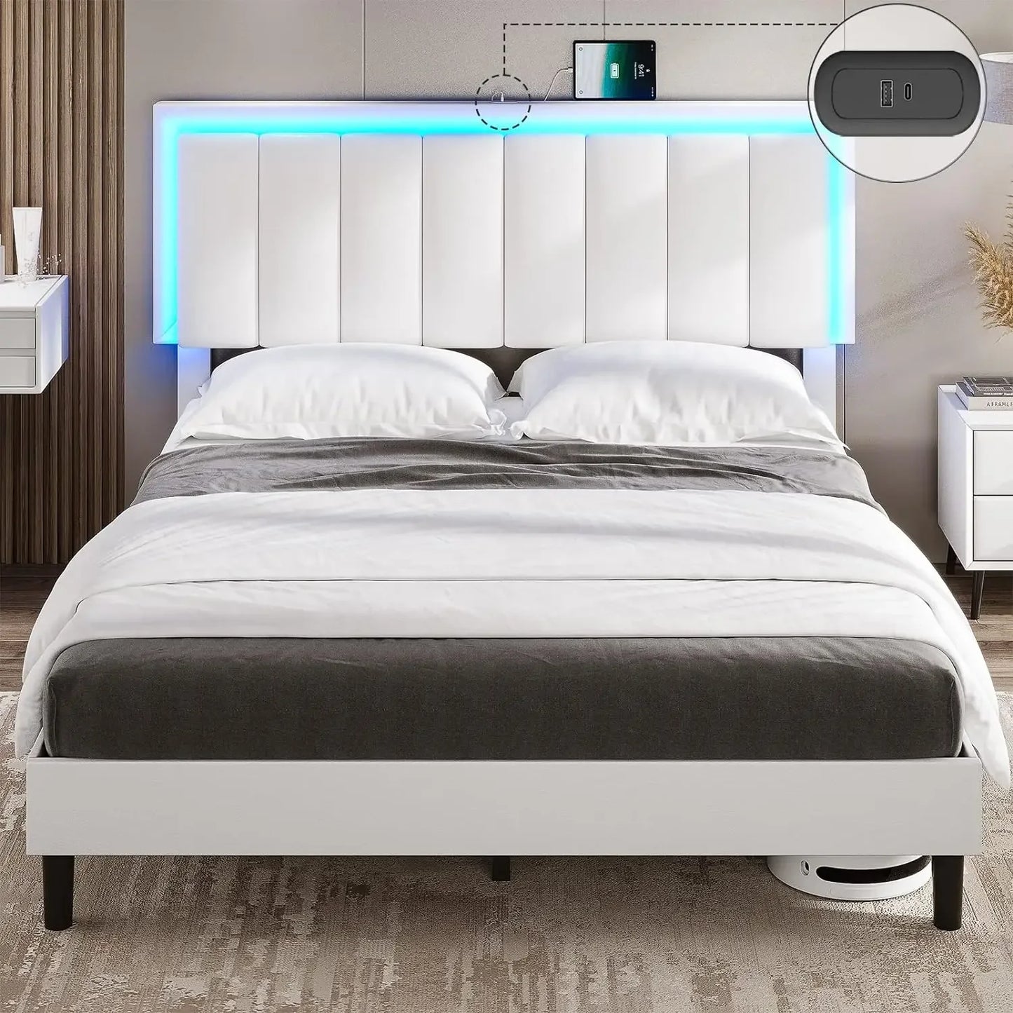 Bed Frame with Led Lights, USB Ports and Adjustable Headboard