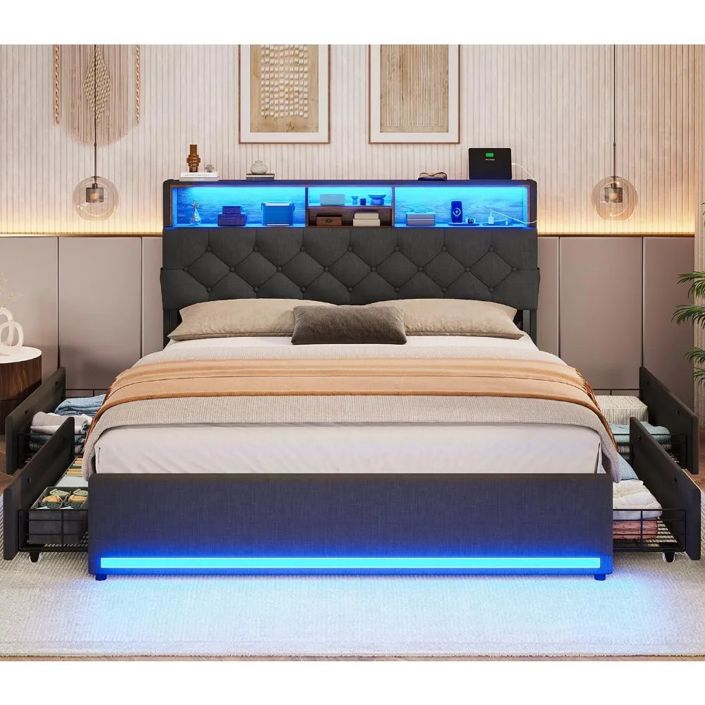 Bed Frame with Storage Headboard & 4 Drawers