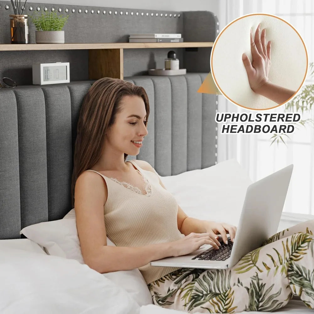 Cushion upholstered Bed Frame with 2 Drawer Storage
