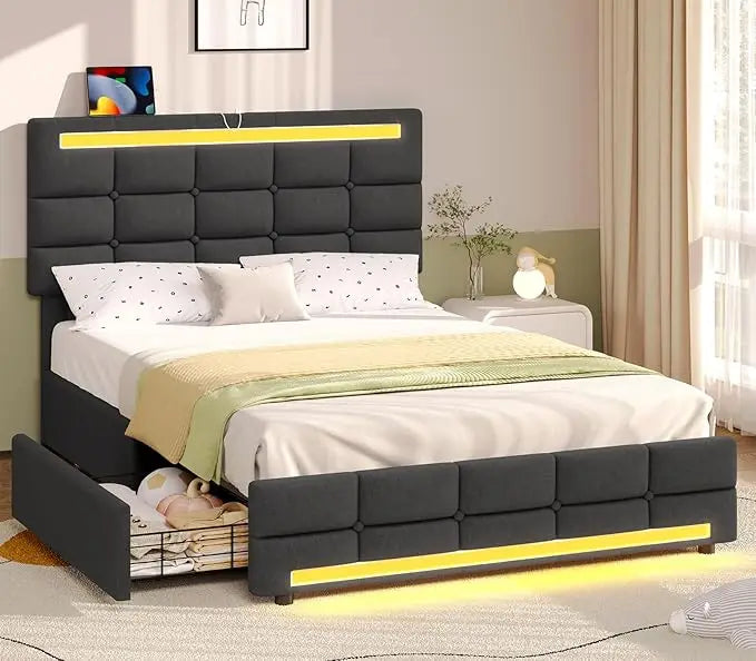 Bed Frame with Drawers & LED Lights Headboard Footboard