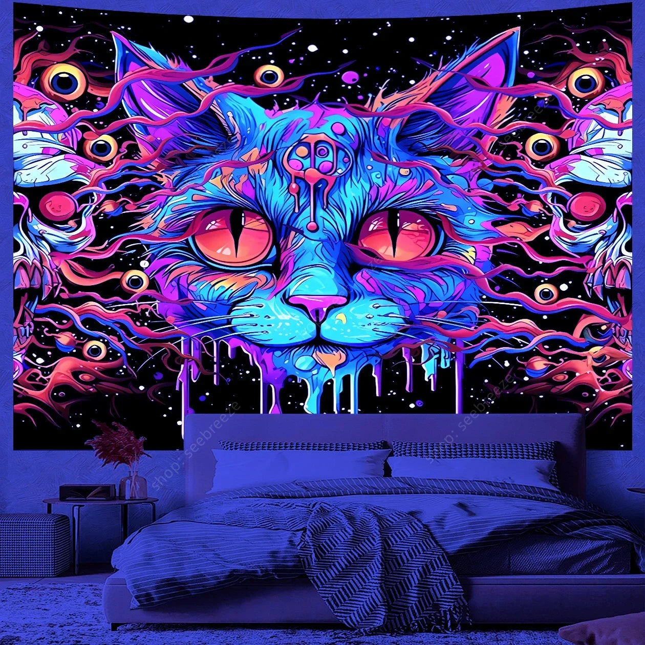 Psychedelic Cute Cat UV Reactive tapestry