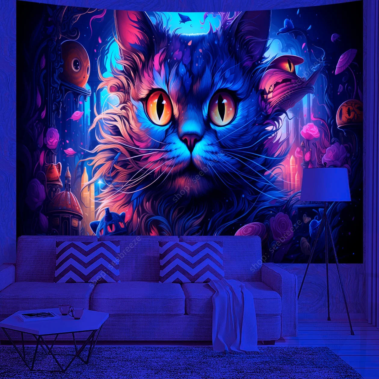 Psychedelic Cute Cat UV Reactive tapestry