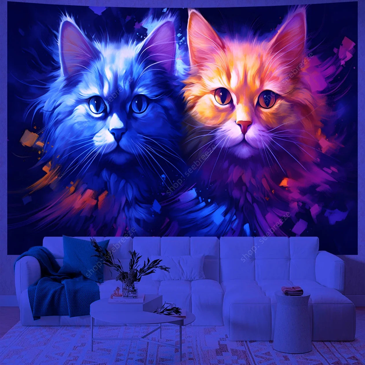 Psychedelic Cute Cat UV Reactive tapestry