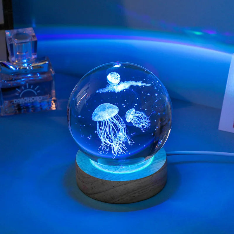 3D Jellyfish Laser engraved crystal ball LED night light