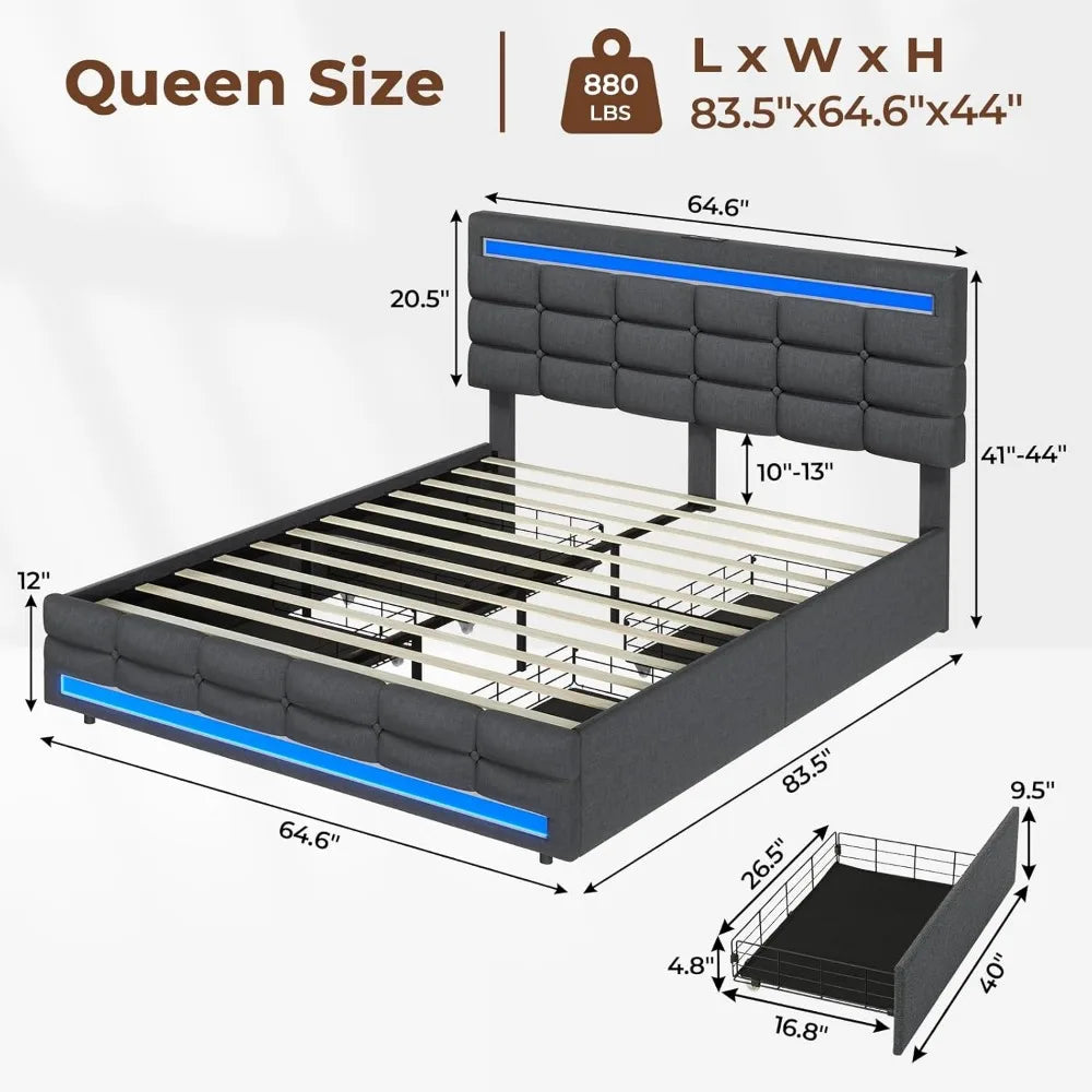 Cushy Bedframe with LED lights and charging station