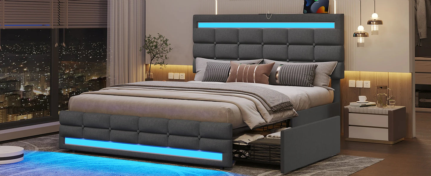 Bed Frame with Drawers & LED Lights Headboard Footboard