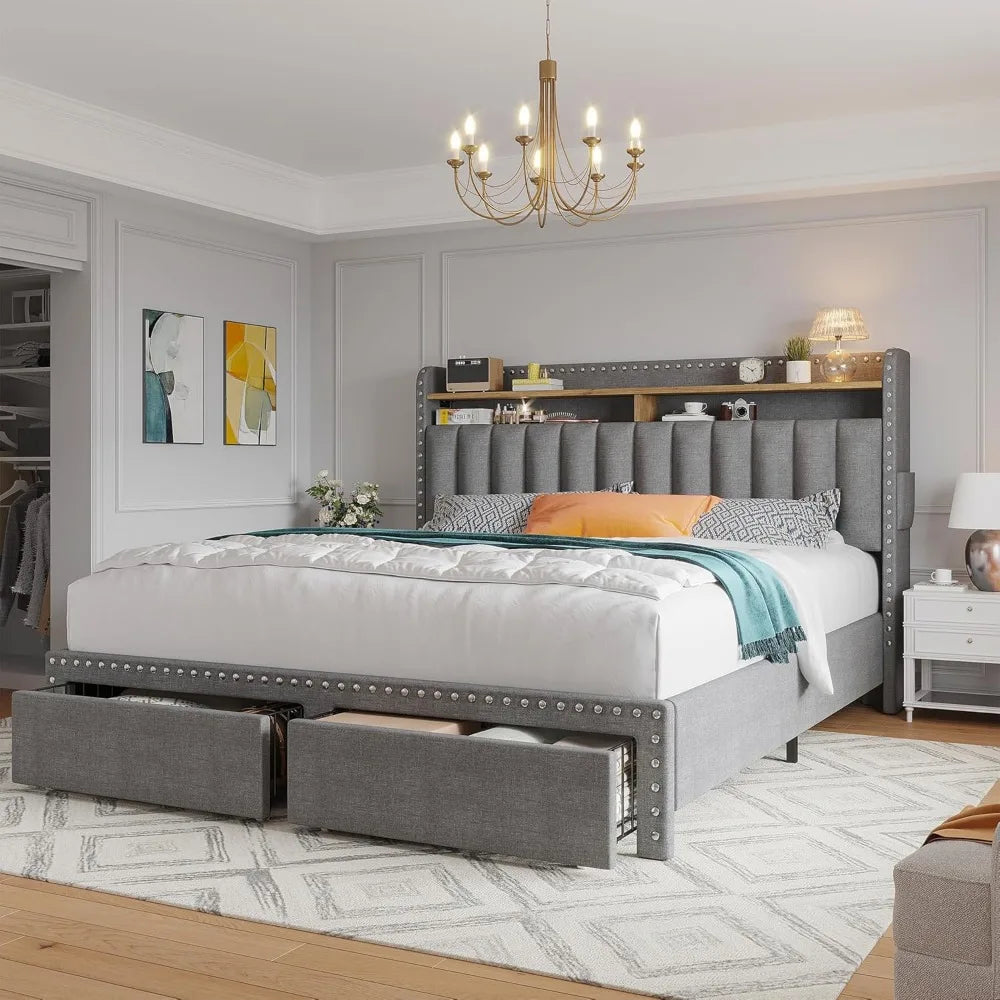 Cushion upholstered Bed Frame with 2 Drawer Storage