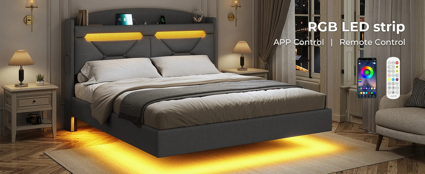 Floating Bedframe with extra Storage and Charging Station