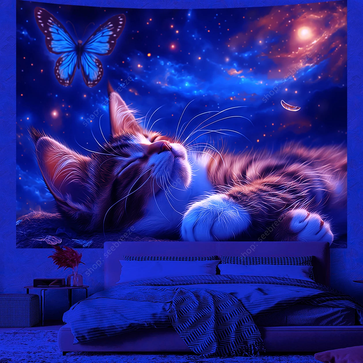 Psychedelic Cute Cat UV Reactive tapestry