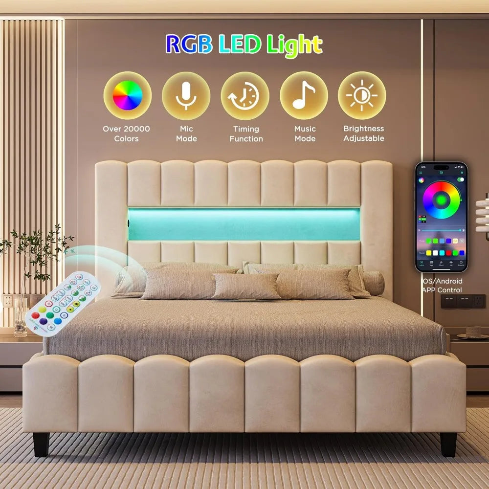 Velvet Upholstered Platform Bed Frame with Charging Station and Storage Headboard