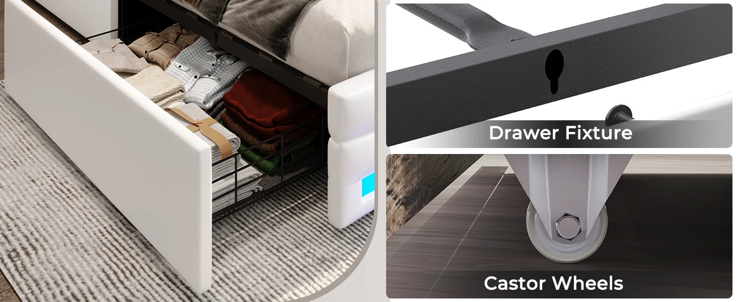 Bed Frame with Drawers & LED Lights Headboard Footboard