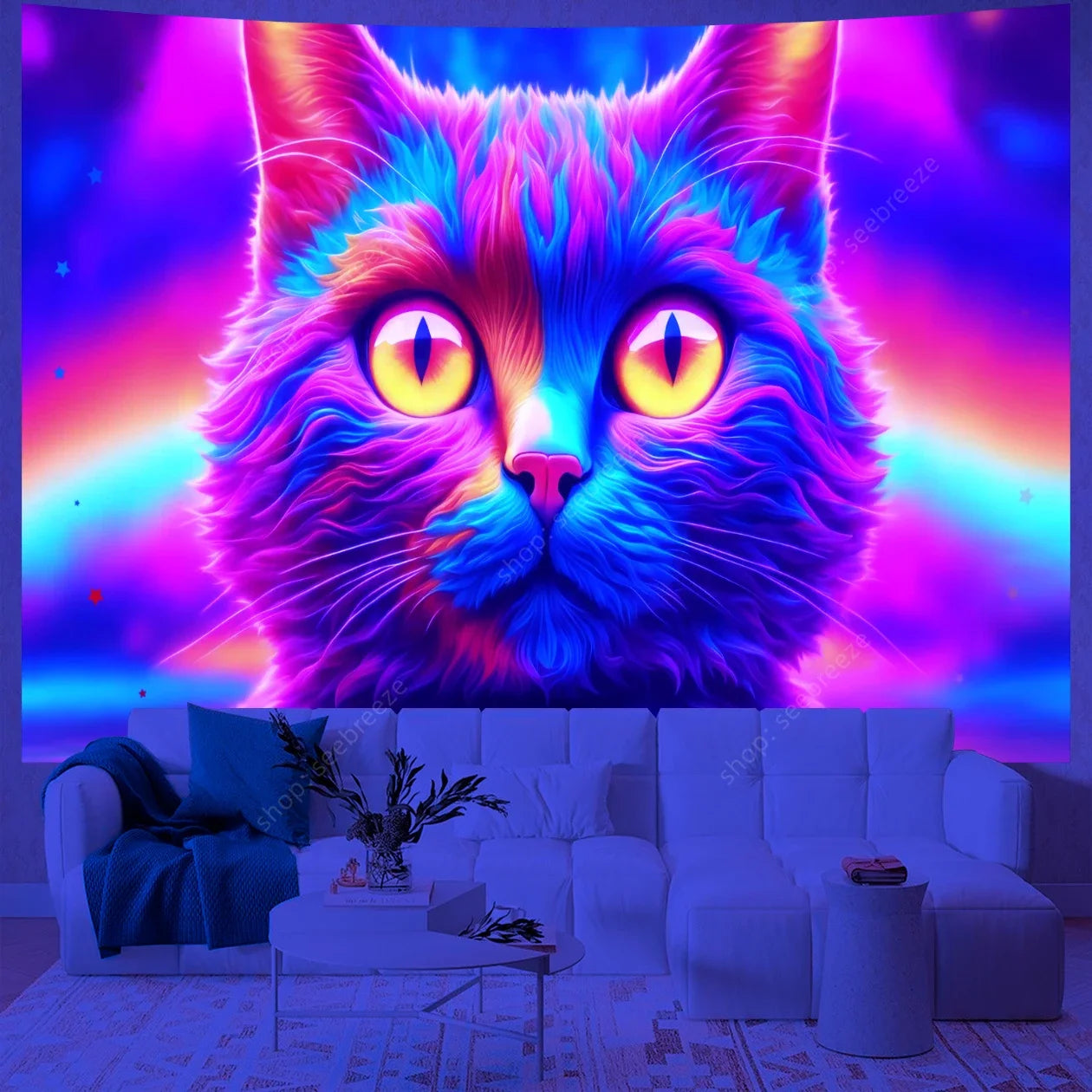 Psychedelic Cute Cat UV Reactive tapestry