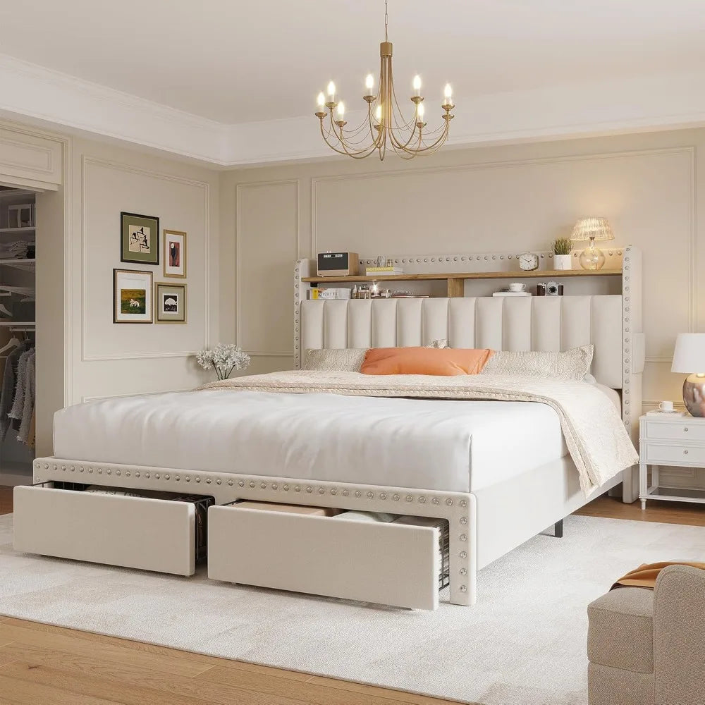 Cushion upholstered Bed Frame with 2 Drawer Storage