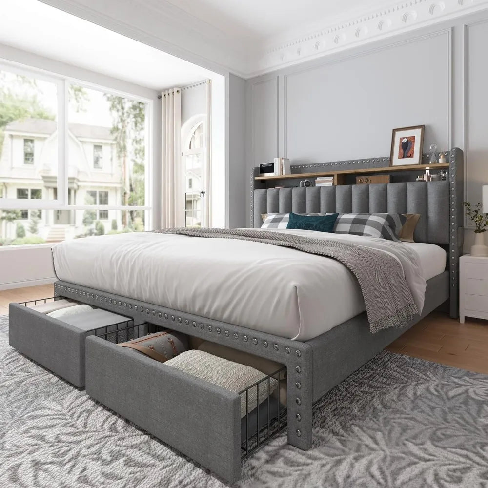 Cushion upholstered Bed Frame with 2 Drawer Storage