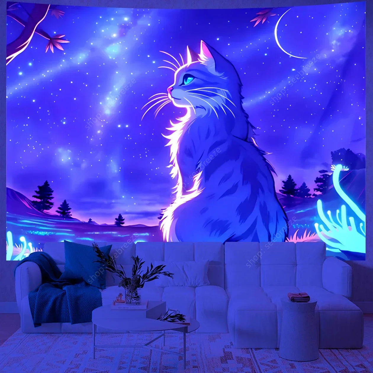 Psychedelic Cute Cat UV Reactive tapestry