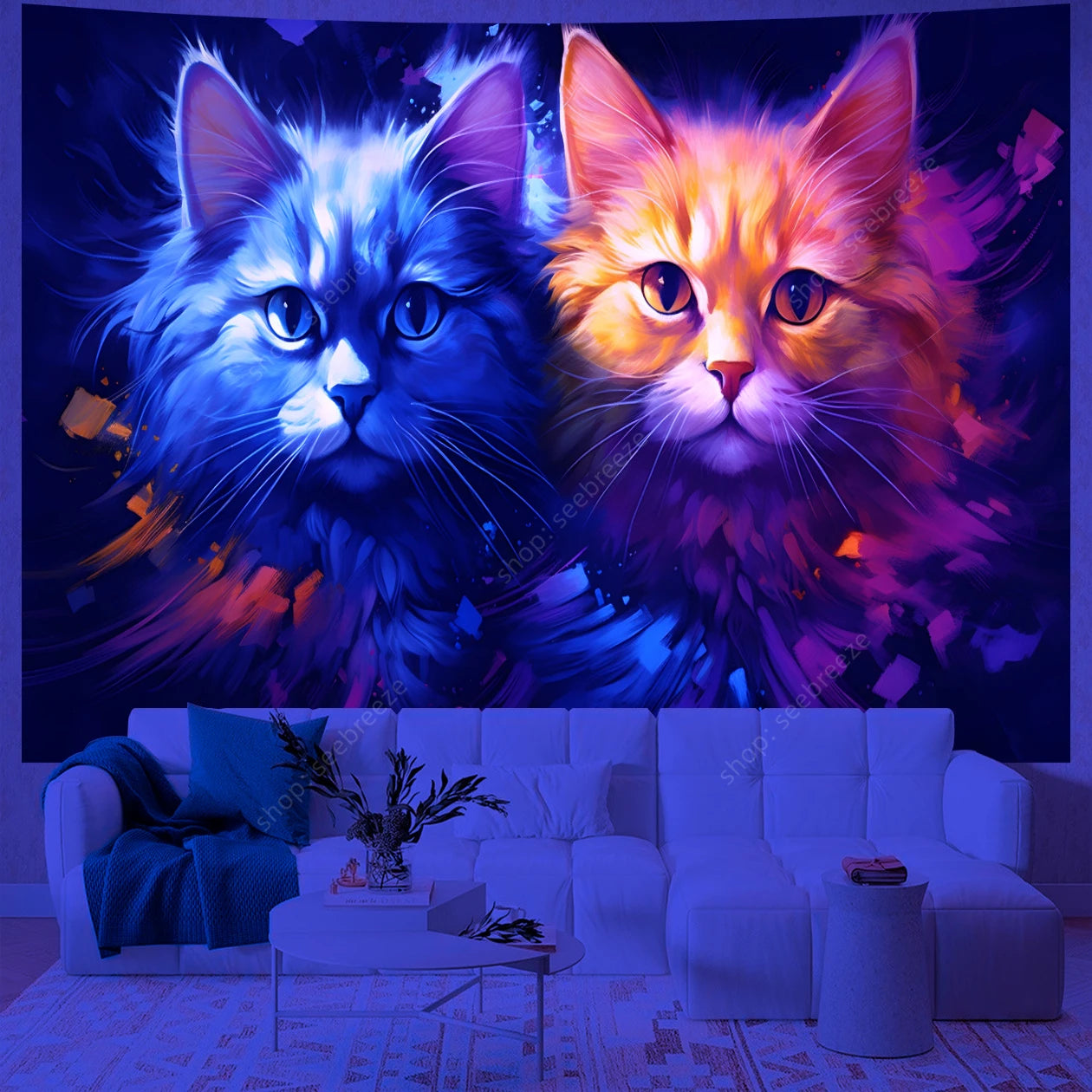 Psychedelic Cute Cat UV Reactive tapestry