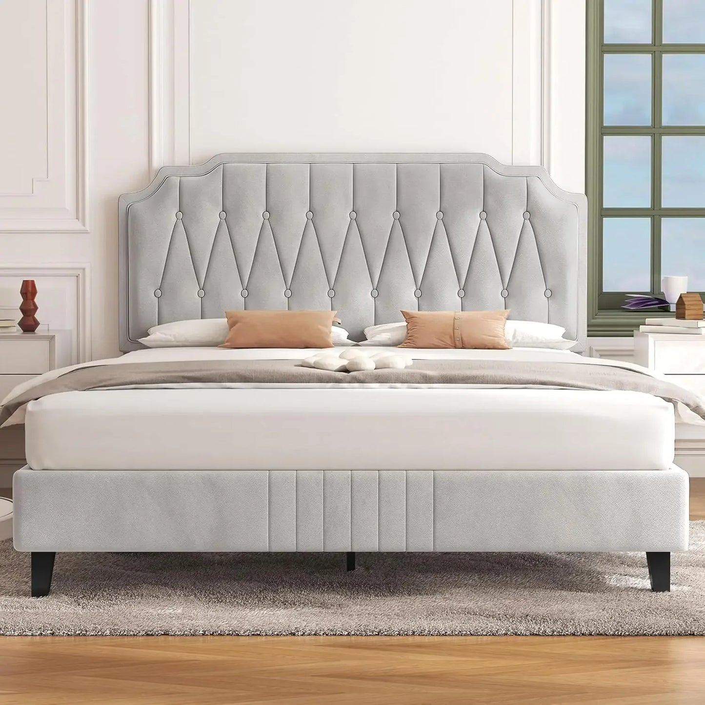 Velvet Upholstered Platform Bed with Curved Height-Adjustable Headboard