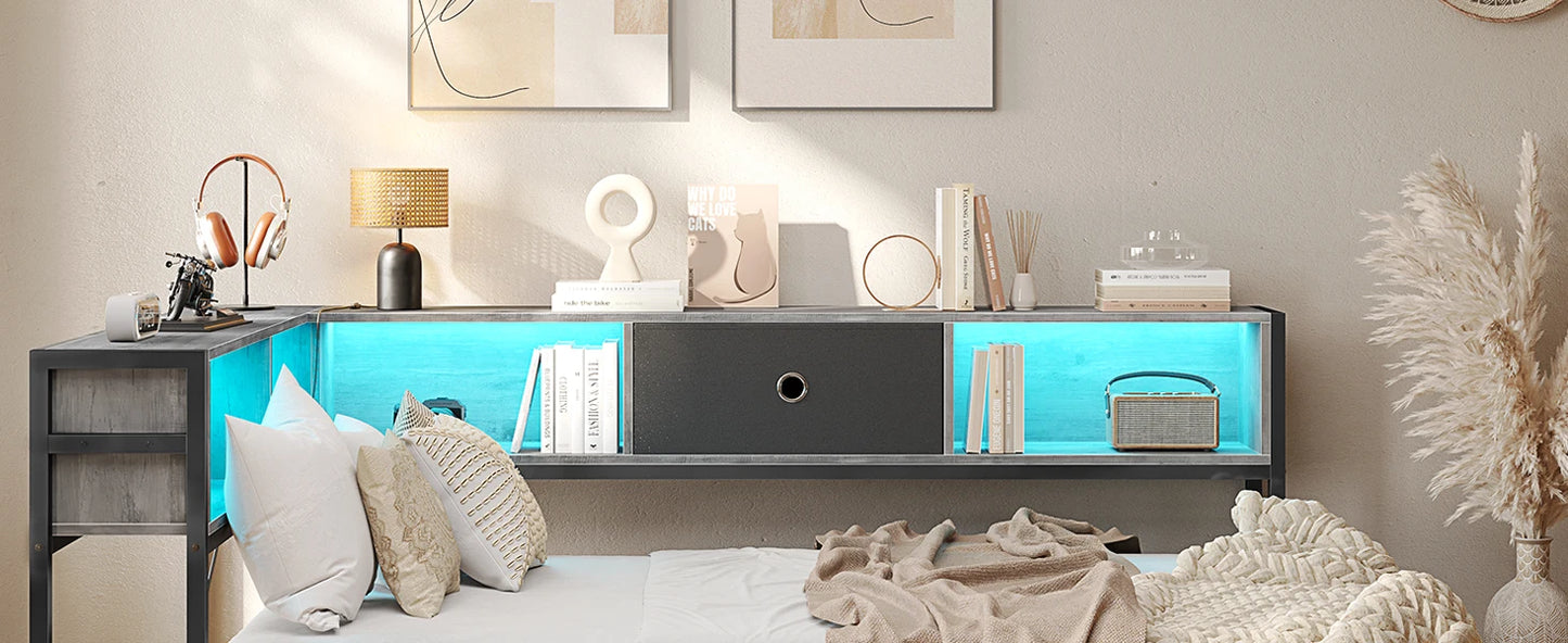 Corner Bed Frame with Bookcase and 2 Underbed Storage Drawers