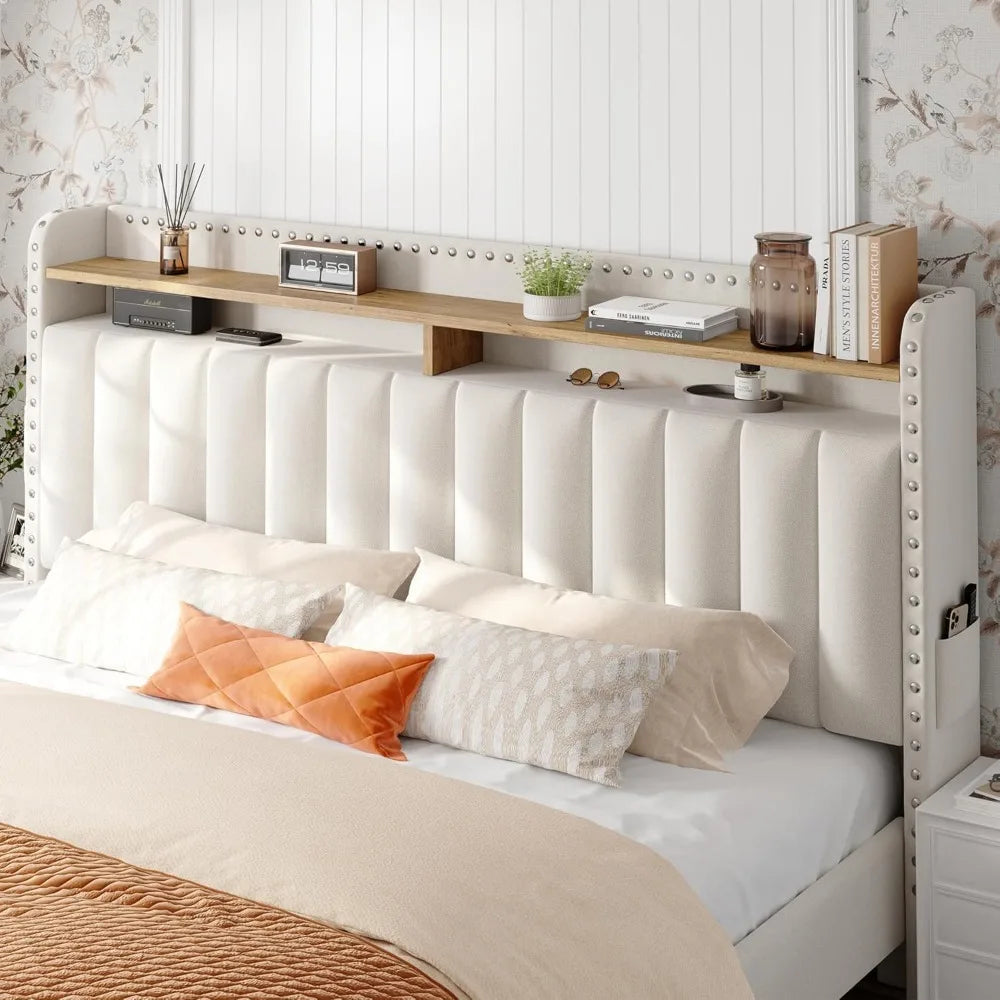 Cushion upholstered Bed Frame with 2 Drawer Storage